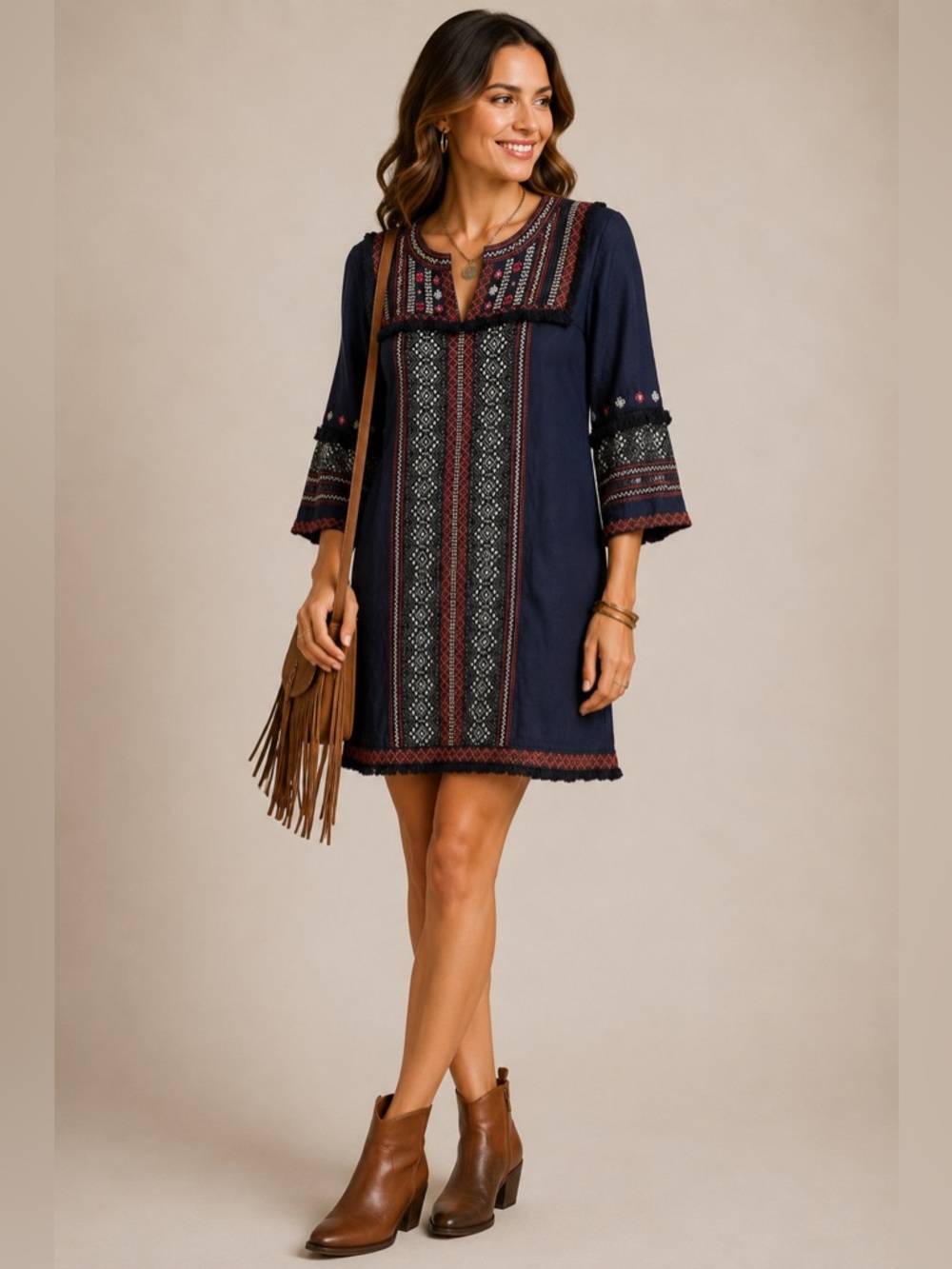 Anthropologie Boho Akemi Kin Navy Embroidered Midi Dress Long Sleeve Size 6